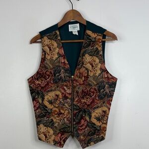 Vintage Tapestry Vest Womens Large Green Peach Rose Floral Zip Waistcoat 90s Mom